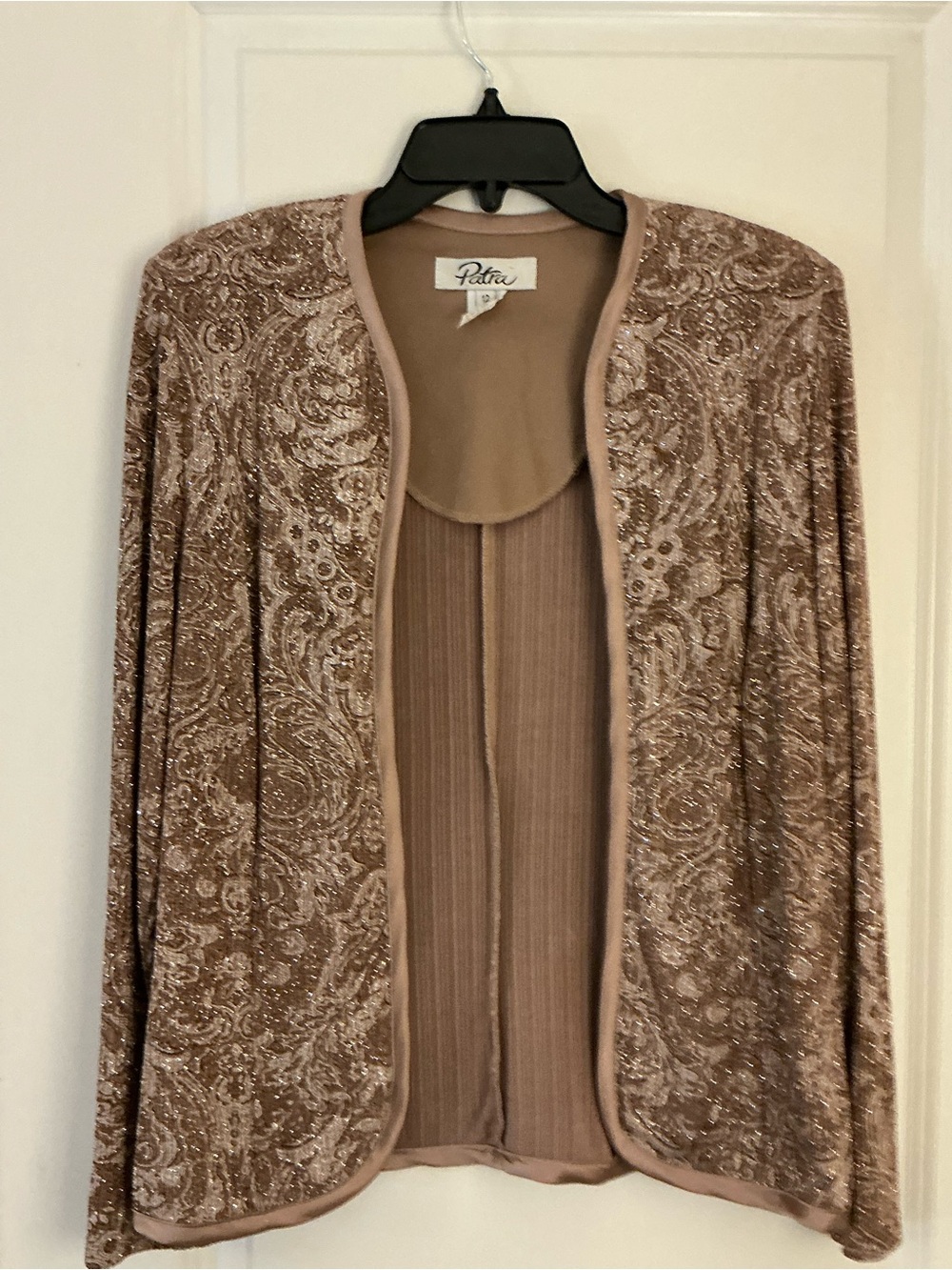 Patra Women's Size 12 Rose Gold Metallic Glitter Paisley Open Front Evening Card